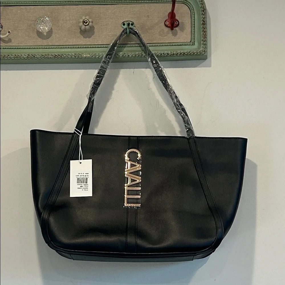 Cavalli Class Black onyx Travel Airplane Tote Bag with Gold Logo new w tag